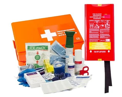 EHBO spullen zoals pleisters, EHBO koffers, AED, brandwondengel en oogspoeling – onmisbaar voor eerste hulp bij bedrijfsongevallen.