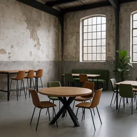 industriële kantine inrichting met zwart staal en robuuste materialen