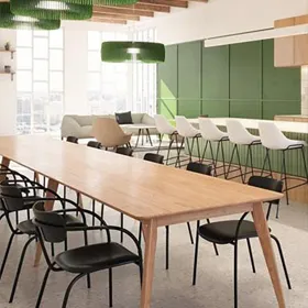 scandinavische kantine inrichting met licht hout en rustige kleuren