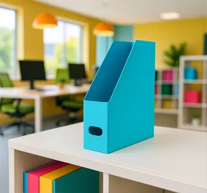 Plastic tijdschriftenhouder op een bureau