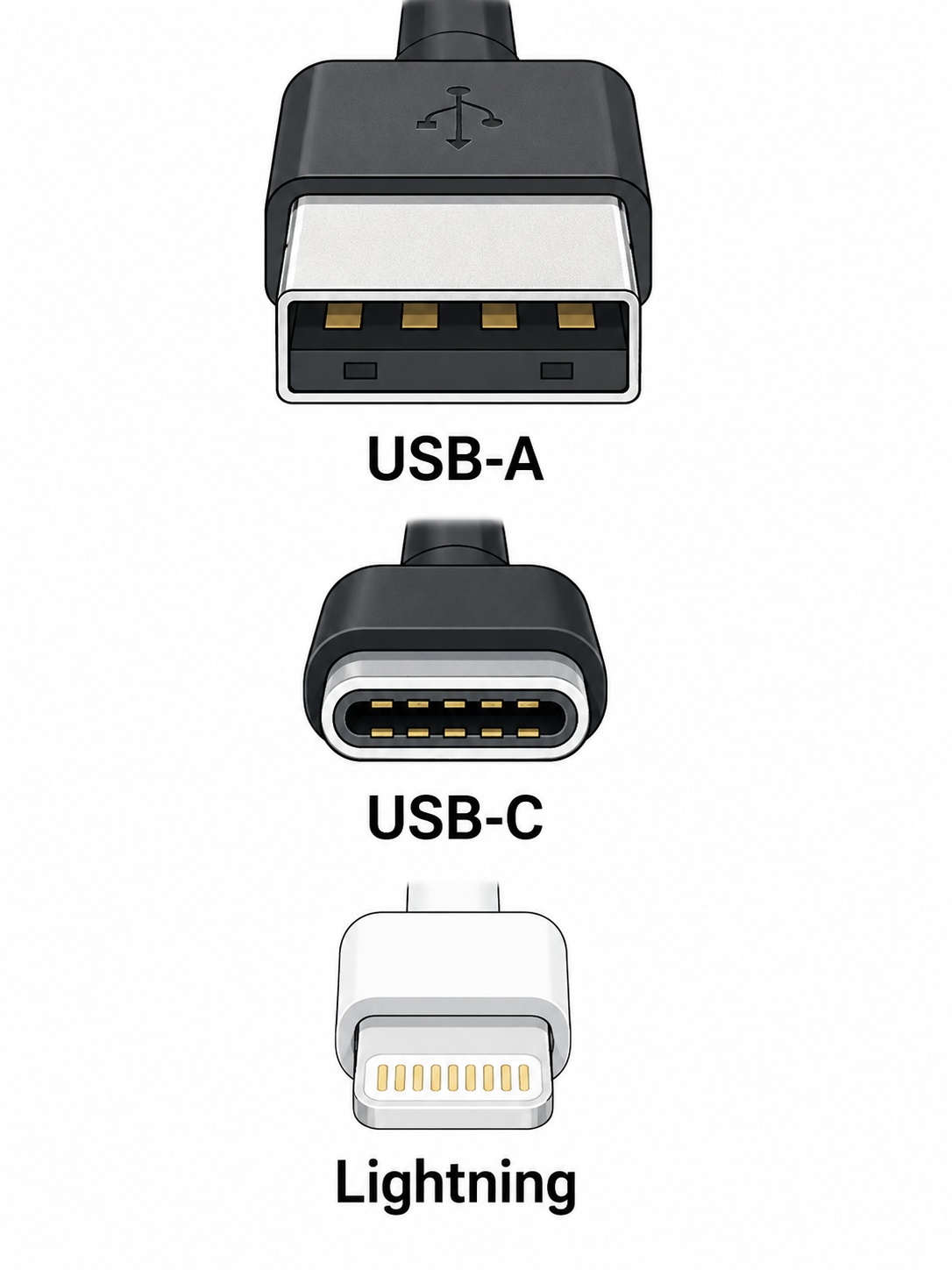 Verschil tussen USB-A, USB-C en Lightning aansluitingen
