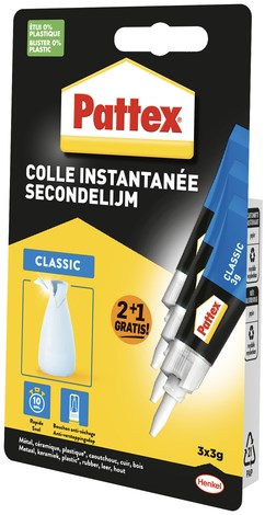 Pattex Classic secondelijm, 3 g, 2 + 1 gratis, op blister-2