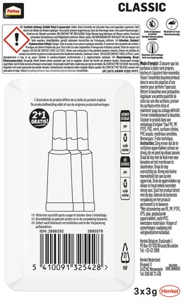 Pattex Classic secondelijm, 3 g, 2 + 1 gratis, op blister-3