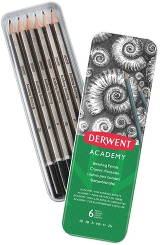 Derwent grafietpotlood Academy blik van 6 stuks: 3B-2B-B-HB-H-2H-2