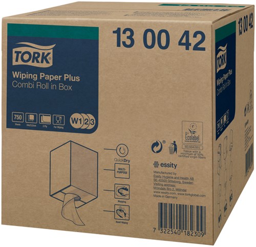 Poetspapier Tork Wiping Plus Combi W1/2/3 multifunctioneel 255m wit 130042-3
