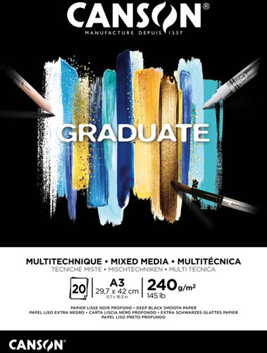 Tekenblok Canson Graduate Mixed Media black paper A3 20vel 240gr
