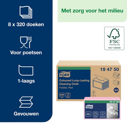 Reinigingsdoek Tork W8 Premium 1-laags 40 vel rood 194750-3