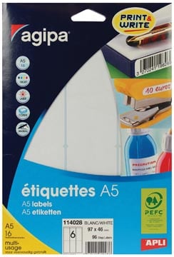 Agipa witte etiketten Print & Write ft 97 x 46 mm, 96 stuks, 6 per blad