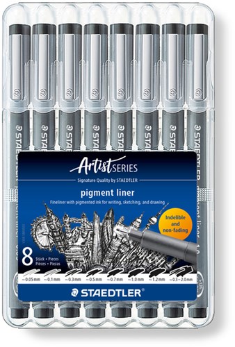 Fineliner Staedtler Pigment 308 zwart 8 stuks