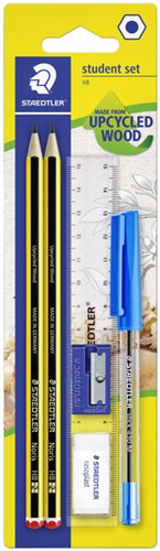 Schrijfset Staedtler inhoud 2 Noris potloden HB en balpen gum slijper en liniaal