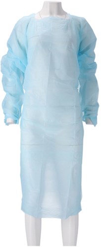 Schort CMT 115x105cm 30mu geruwd lange mouw CPE blauw