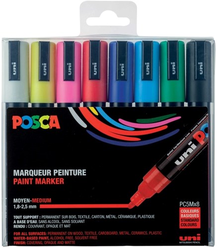 Posca verfstiften PC-5M set van 8 markers in basiskleuren zwart
