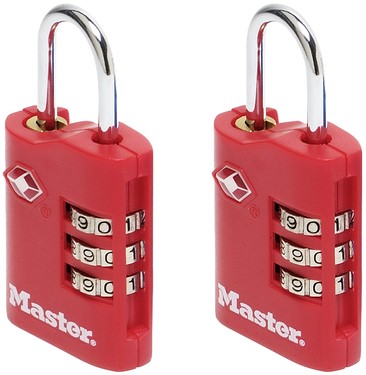 Hangslot Masterlock 3-cijfer combi TSA set van 2 sloten assorti in willekeurige kleur 30mm