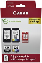 Canon photo value pack 1 x PG-575 + 1 x CL-576 100 pagina's OEM 5438C004 4 kleuren ink+photo paper (2) blk-col ST w/o SEC