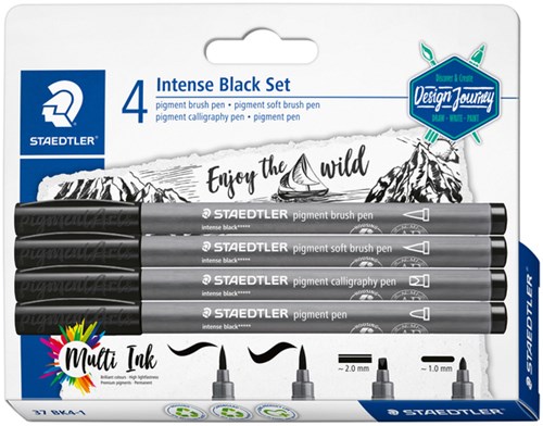 Brushpen Staedtler PigmentArts Intens zwart set à 4 schrijfbreedtes
