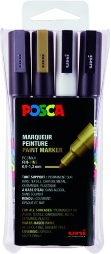 Posca verfstiften PC-3M etui van 4 stuks in geassorteerde kleuren zwart