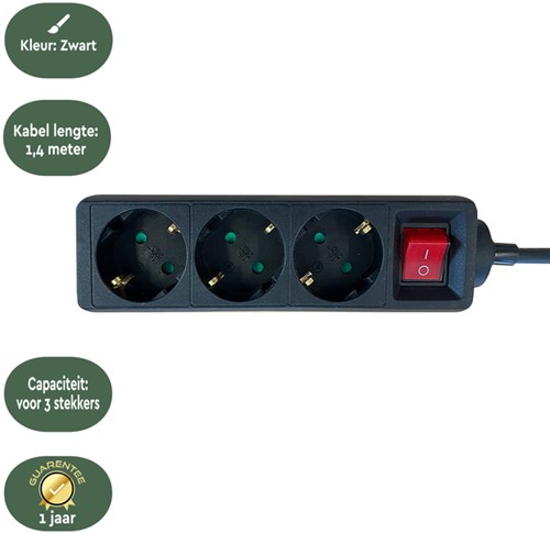 Stekkerdoos BRASQ 3 voudig 1.4 meter zwart-3
