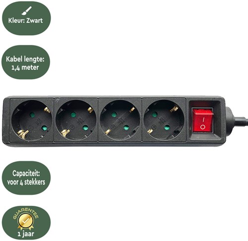 Stekkerdoos BRASQ 4 voudig 1.4 meter zwart-3