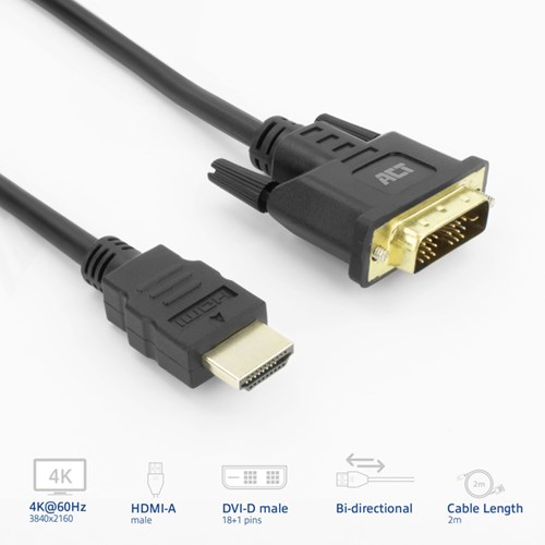 HDMI naar DVI kabel 18+1 pin M/M zwart 2 meter ACT-2