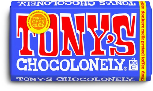 Donkere melk pretzel toffee reep Tony's Chocolonely 90 gram paars-2
