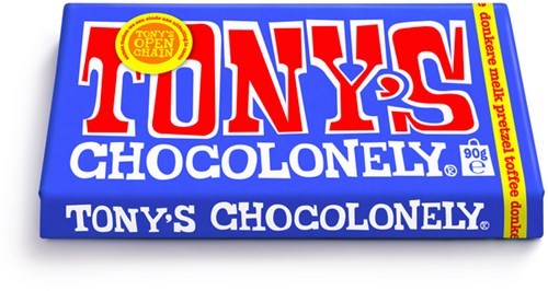 Donkere melk pretzel toffee reep Tony's Chocolonely 90 gram paars-3