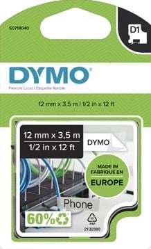 Dymo D1 tape 16957 12mm zwart op wit Nylon