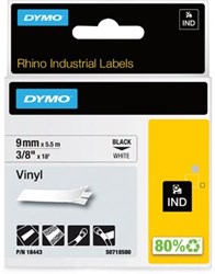 Dymo RHINO label 9 mm zwart op wit vinyl