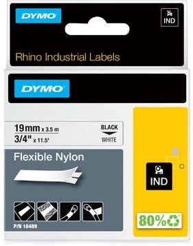Dymo RHINO label 19 mm zwart op wit nylon