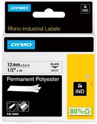 Dymo RHINO label 12 mm zwart op wit polyester