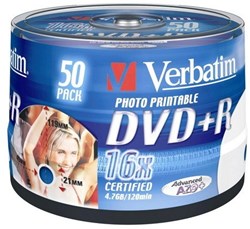 VERBATIM DVD+R 4.7GB 16x IW (50) SP 43512 spindle inkjet printable