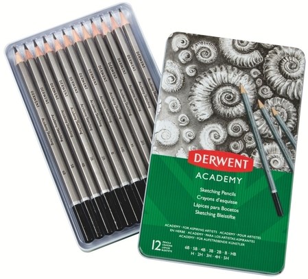 Derwent grafietpotlood Academy blik van 12 stuks: 6B-5B-4B-3B-2B-B-HB-H-2H-3H-4H-5H-2