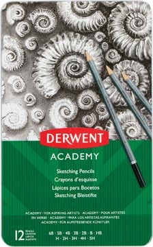 Derwent grafietpotlood Academy blik van 12 stuks: 6B-5B-4B-3B-2B-B-HB-H-2H-3H-4H-5H