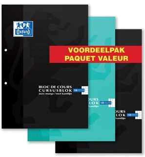 Oxford cursusblok voordeelpak van 3 stuks, geassorteerde kleuren, ft A4, 100 vel, geruit 5 mm