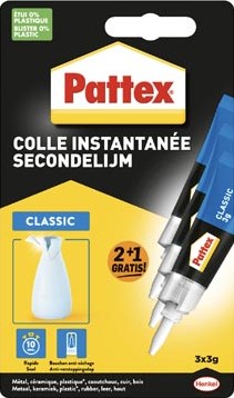 Pattex Classic secondelijm, 3 g, 2 + 1 gratis, op blister