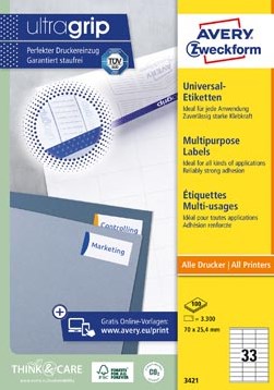 Avery etiketten 70 x 25,4mm 33 etiketten per vel