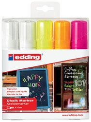 Edding krijtmarker e-4090 schuine punt etui van 5 stuks: 2 x wit 1 x geel 1 x oranje en 1 x roze