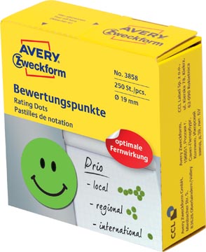 Avery rating dots diameter 19 mm rol met 250 stuks smiley groen