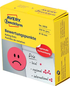 Avery rating dots diameter 19 mm rol met 250 stuks smiley rood