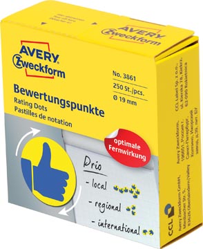 Etiket met duimpje blauw/geel rond 19 mm rol 250 stuks Avery