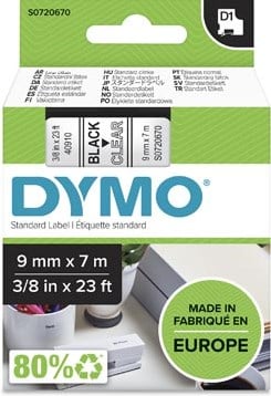 Dymo D1 tape 40910 9mm zwart op transparant