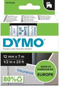 Dymo D1 tape 45014 12mm blauw op wit