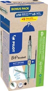 Pilot Ecoball B2P BeGreen balpen, large, zwart, doos van 10 stuks + 10 navullingen
