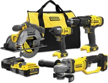 Stanley Fatmax schroefklopboor slagschroevendraaier cirkelzaag haakse slijper 18V + 2 accu's + softbag