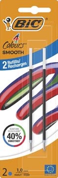 BIC vulling voor balpen 4 Colours Smooth, medium, blister van 2 stuks, blauw