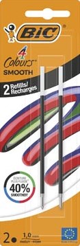 BIC vulling voor balpen 4 Colours Smooth, medium, blister van 2 stuks, zwart