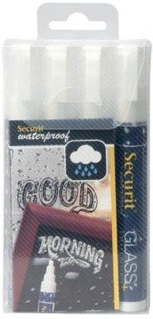 Krijtstift waterproof Securit medium wit blister met 4 stuks