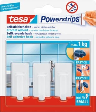 Tesa zelfklevende haken Powerstrips, draagkracht 1 kg, wit, blister van 4 strips en 3 haken-2