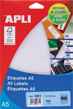 Apli witte etiketten Print & Write ft 12 x 30 mm, 990 stuks, 66 per blad (1861)