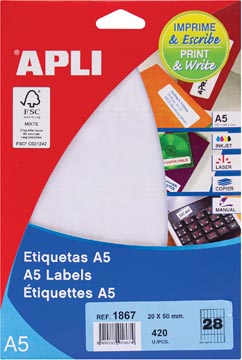 Apli witte etiketten Print & Write 20 x 50 mm 420 stuks 28 per blad 1867