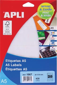 Apli witte etiketten Print & Write 20 x 50 mm 420 stuks 28 per blad 1867